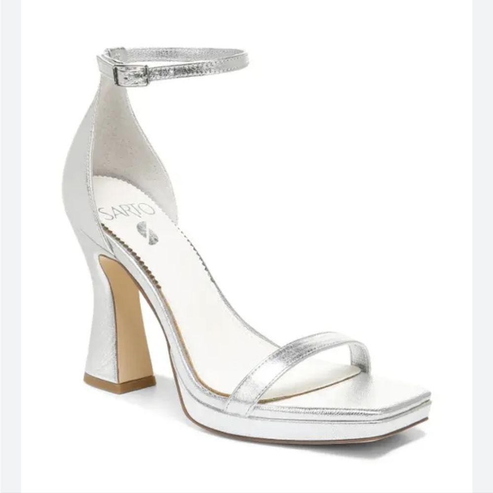 New SARTO by Franco Sarto Dolores Ankle Strap High Heel Silver Party Sandal 7
